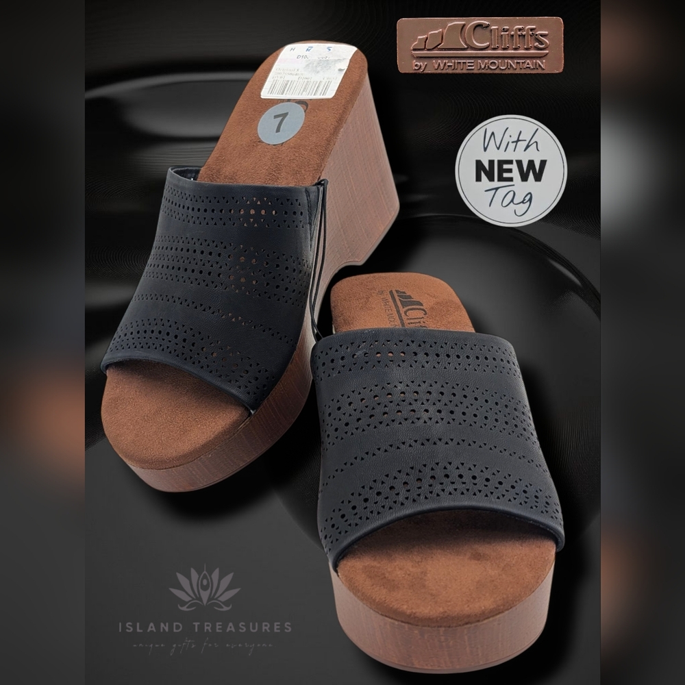 NWT Zaylee Cliffs by White Mountain Sz 7 Black&Brown Cutout Wedge Sandals Wedges
